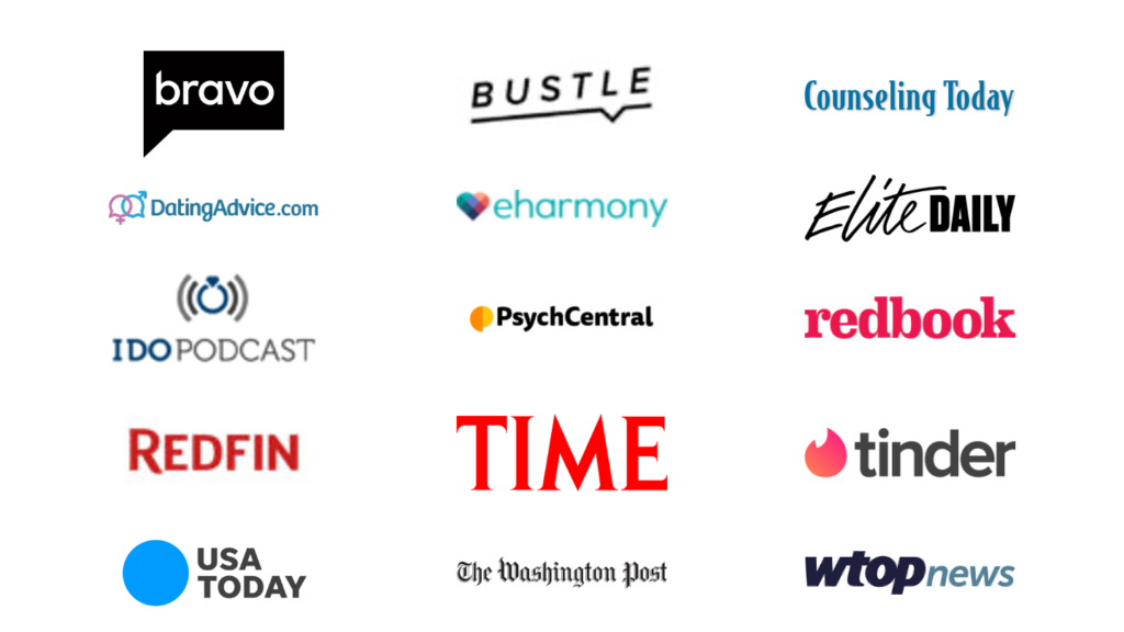 Rachel's has been featured in: Bravo, Bustle, Counseling Today, DatingAdvice.com, eHarmony, Elite Daily, I Do Podcast, PsychCentral, redbook, Redfin, Time, Tinder, USA Today, the Washington Post, wtop news